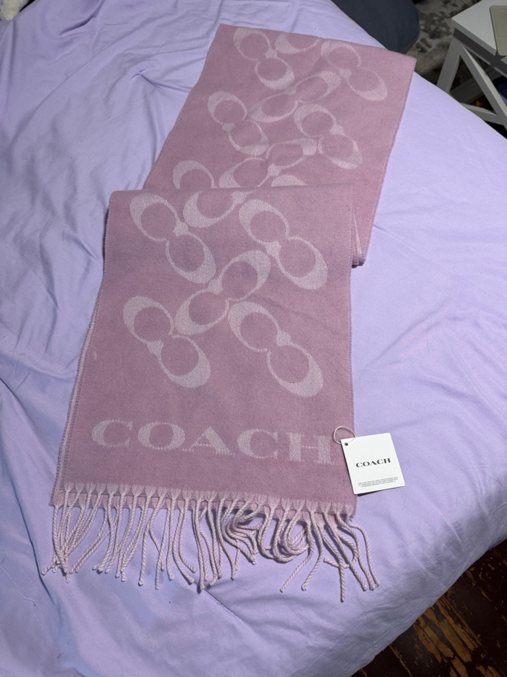 Coach Light Pink Signature Jacquard Scarf with Fringe